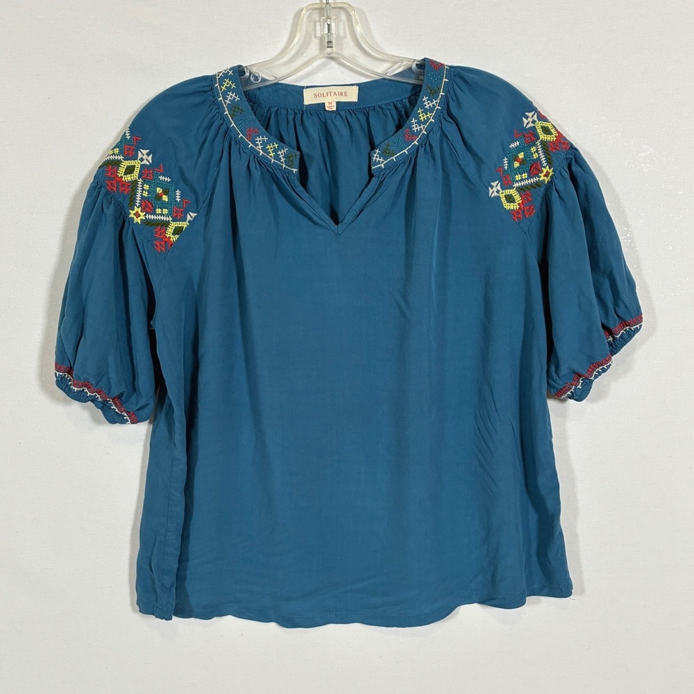 Solitaire Womens M Teal Blue Embroidered Puff Sleeve Boho Peasant Blouse
